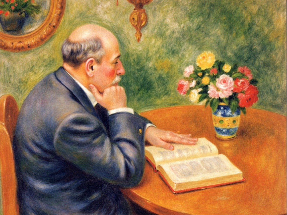 Contemplative Man Reading at Wooden Table with Flowers