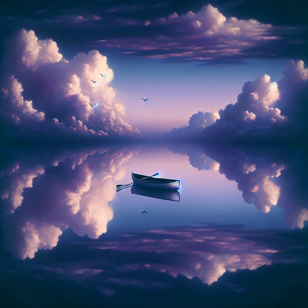 Lone Boat on Tranquil Lake with Reflective Clouds