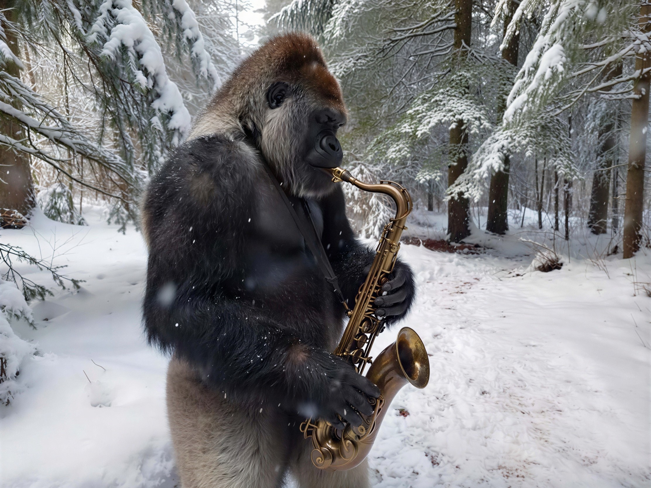 Gorilla Playing Saxophone in Snowy Forest Setting