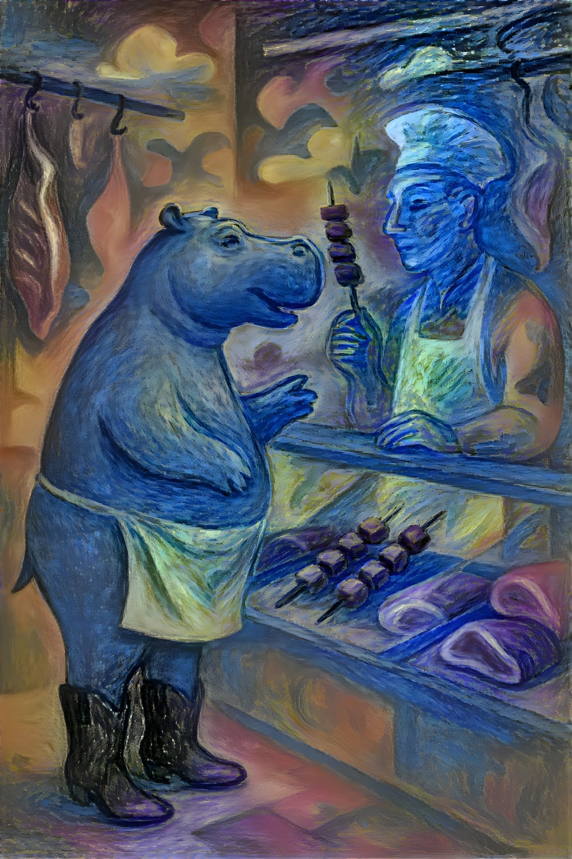 Colorful Scene of Hippo and Butcher in Meat Shop