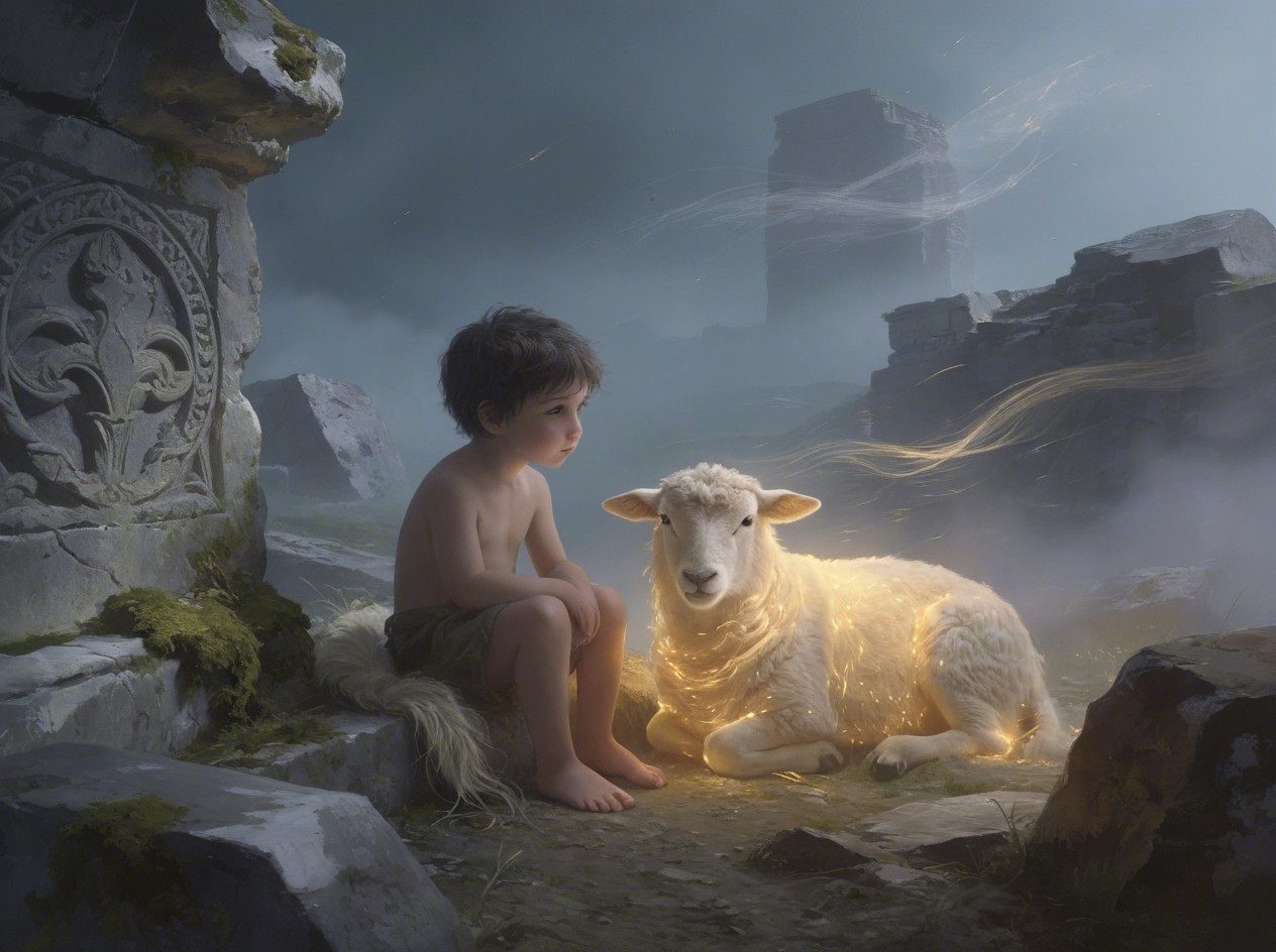 Young Boy and Glowing Lamb Among Ancient Ruins