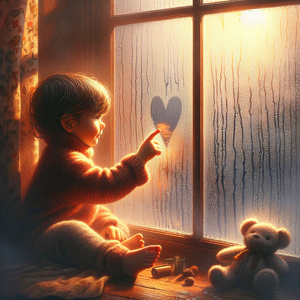 Child Tracing Heart on Misty Window with Teddy Bear