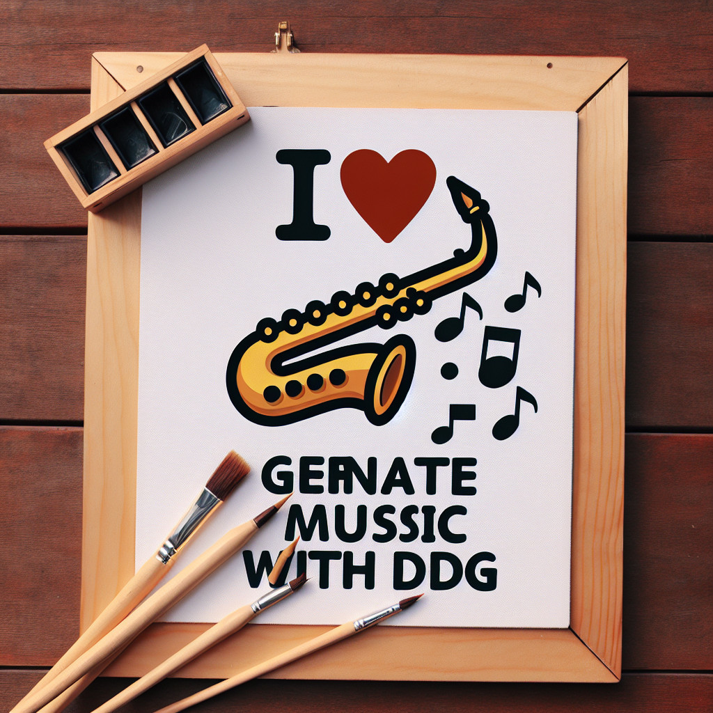 Wooden-framed poster with saxophone and paintbrushes
