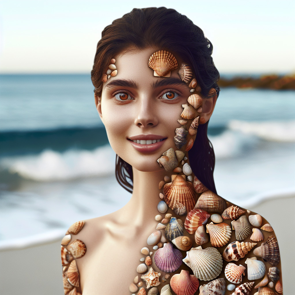 Young Woman with Seashell Mosaic at Serene Beach