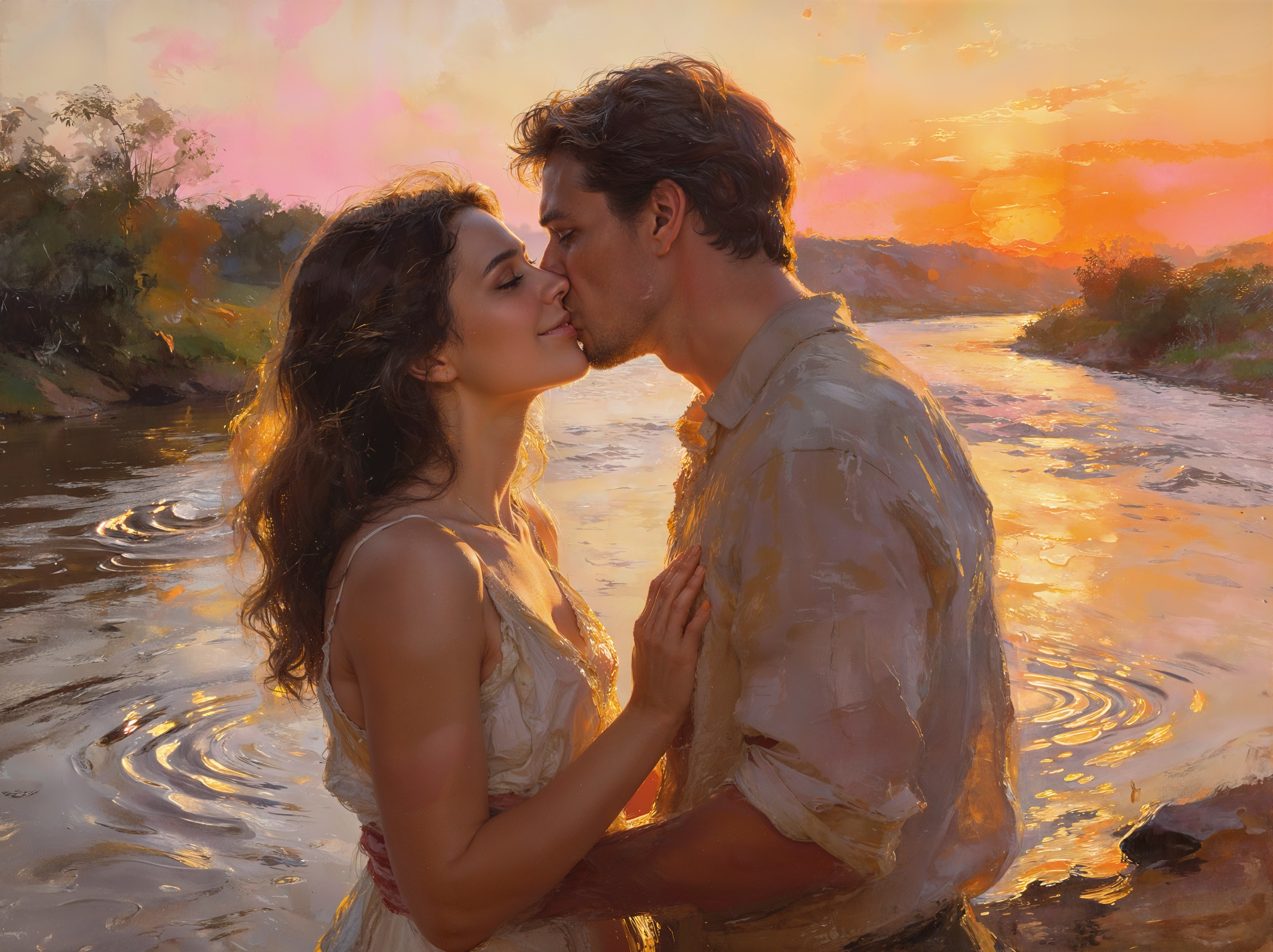 Couple Kissing at Sunset in Romantic Oil Painting