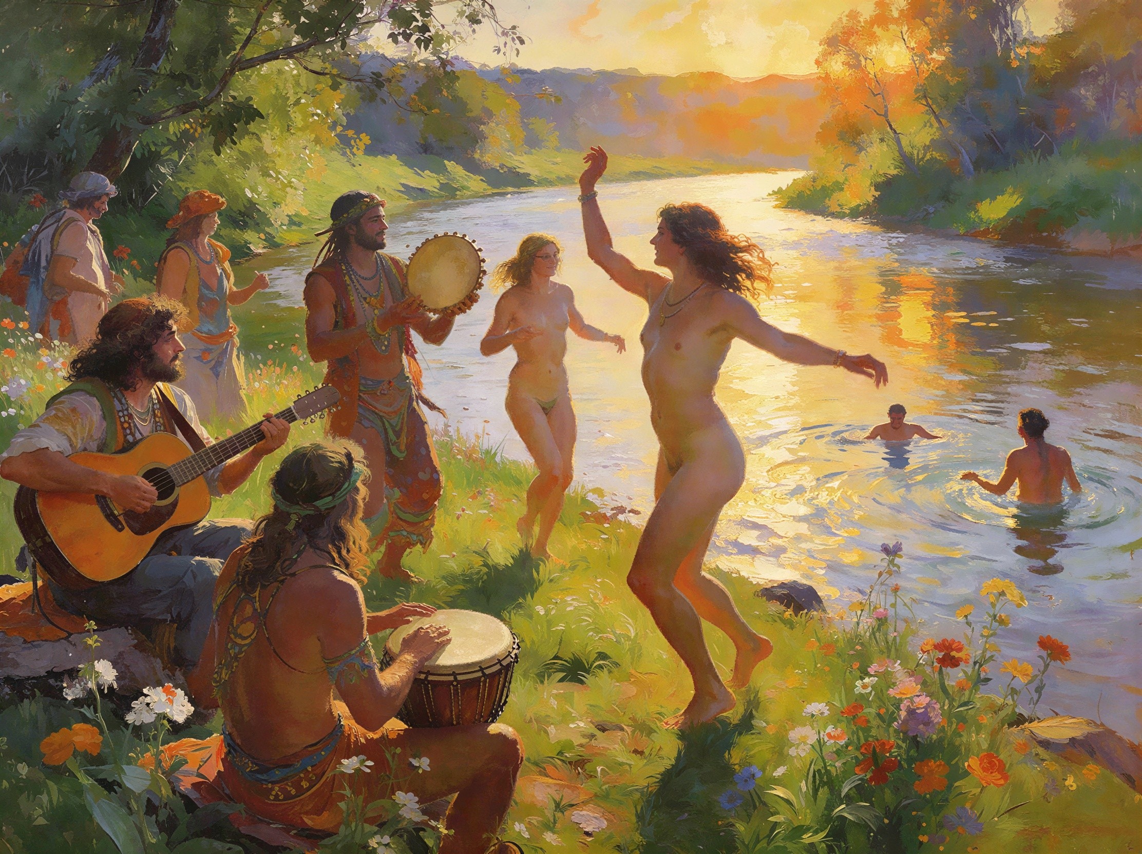 Oil Painting of Hippies by River at Sunset
