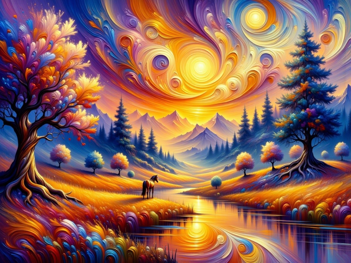 Vibrant sunset landscape with mountains and river