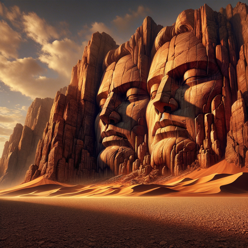 Dramatic Desert Landscape with Carved Faces and Cliffs