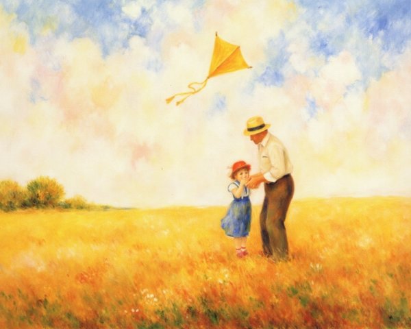 Nostalgic Scene of a Man and Girl with a Kite