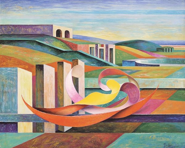 Abstract Landscape with Geometric Shapes and Ribbons