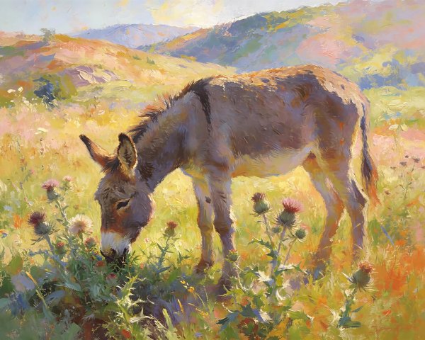 Impressionistic Painting of a Grazing Brown Donkey