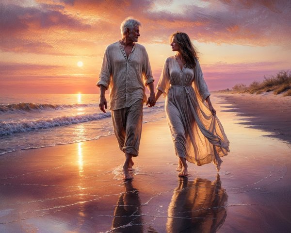 Serene beach sunset with couple walking on shoreline