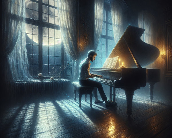 Young man playing haunting melody at grand piano