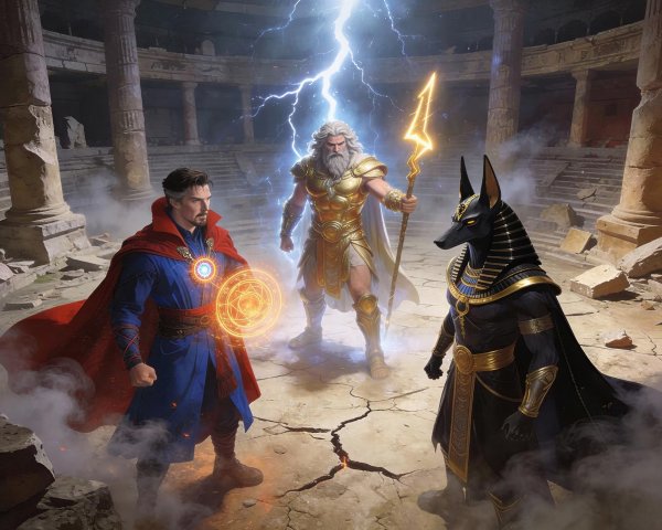 Detailed Scene of Doctor Strange, Zeus, and Anubis in Temple