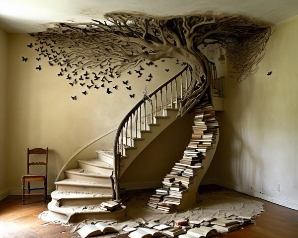 Ornate Wooden Staircase with Tree Mural in Abandoned House