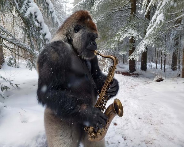 Gorilla Playing Saxophone in Snowy Forest Setting