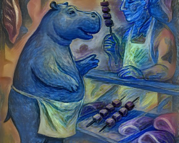 Colorful Scene of Hippo and Butcher in Meat Shop