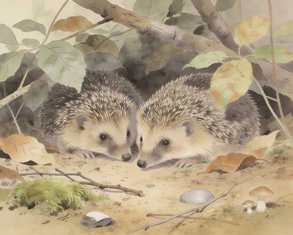 Realistic Infant Hedgehogs in a Leafy Thicket