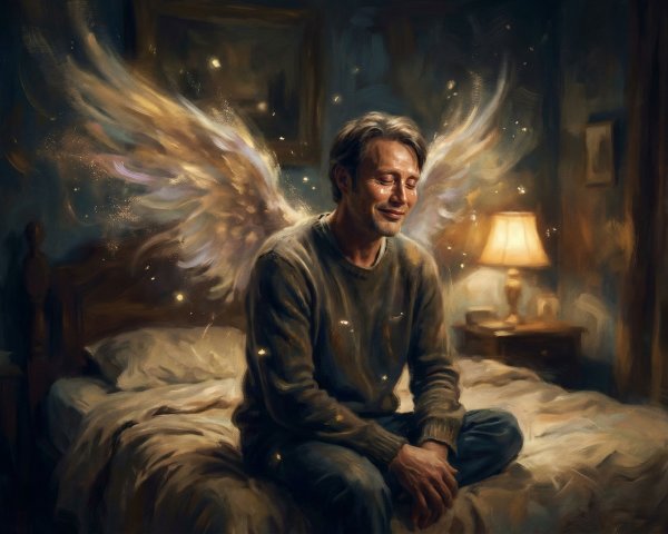 Man with Golden Wings in Cozy Room Setting