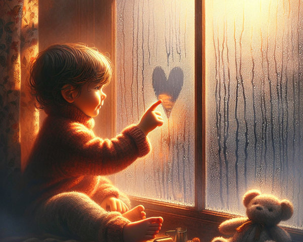 Child Tracing Heart on Misty Window with Teddy Bear