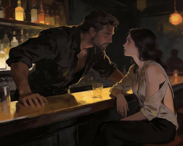 Intimate Conversation in a Dimly Lit Bar Illustration