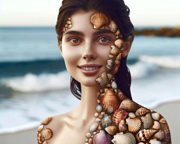 Young Woman with Seashell Mosaic at Serene Beach