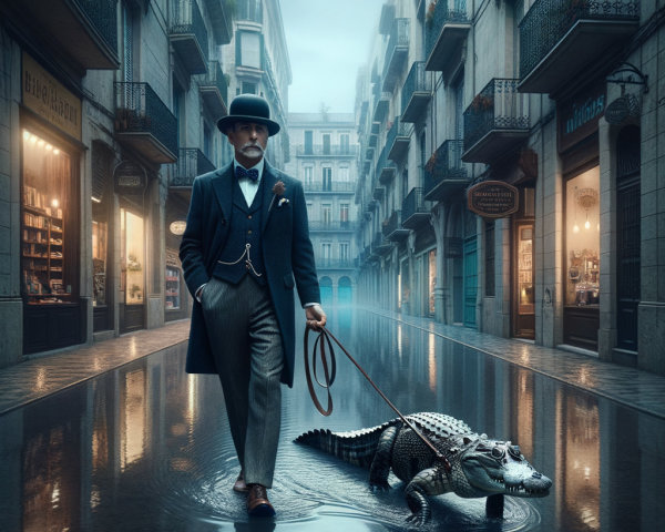 Dapper Man with Alligator in Vintage Street Scene