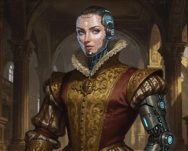 Female Cyborg in Renaissance Dress in Dark Hall