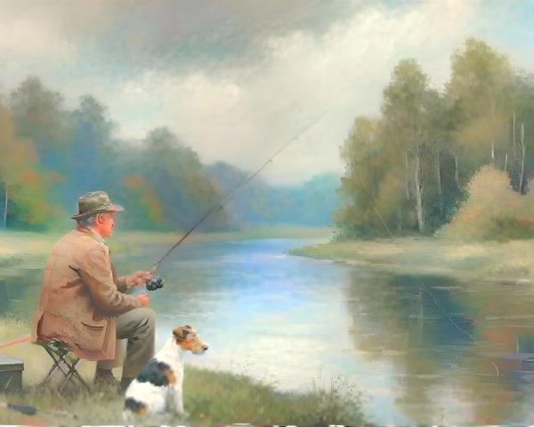 Elderly Man Fishing by a Calm River with Dog