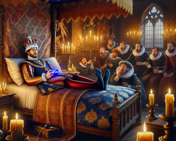 Regal Figure in Medieval Bedroom Engaged in Gaming