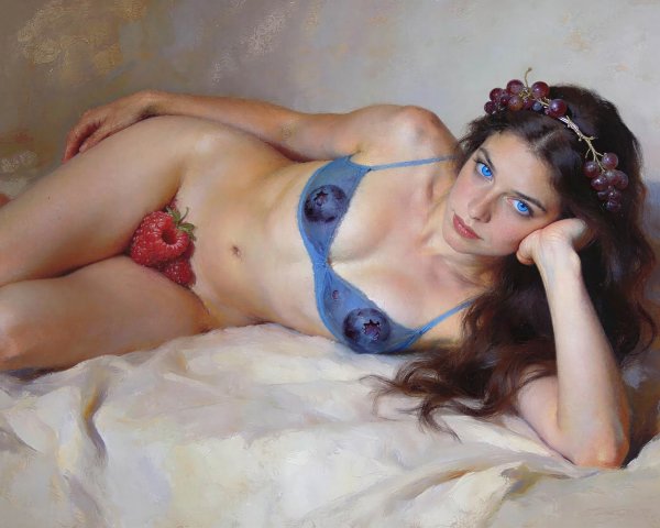 Full-body oil painting of a woman with fruit accents