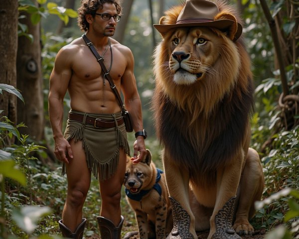 Muscular Man with Lion and Dog in Lush Forest Setting