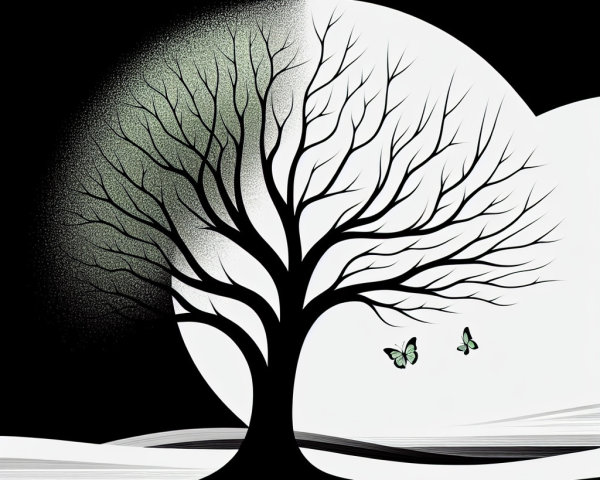Monochromatic Scene of Tree and Moon with Butterflies