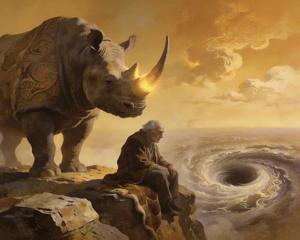 Elderly Man on Cliff with Rhinoceros and Vortex Scene