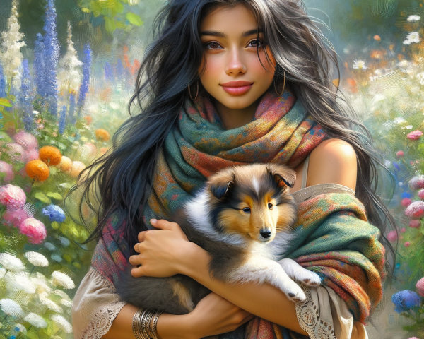 Young Woman with Collie Puppy Amidst Vibrant Flowers