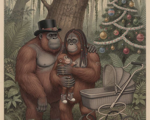 Family of Three Orangutans by Christmas Tree