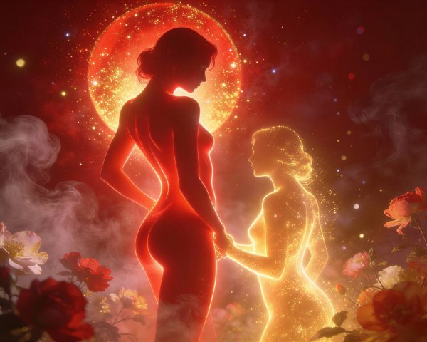 Digital Painting of Intertwined Women Among Stars