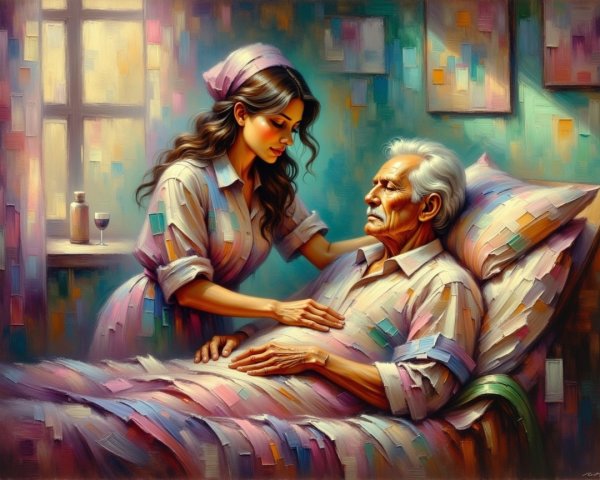 Nurse Comforts Elderly Man in Colorful Room Setting