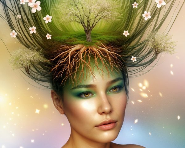 Young woman with flowing hair as a vibrant landscape