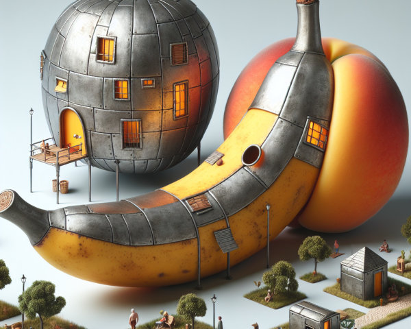 Giant Banana and Peach with Architectural Elements