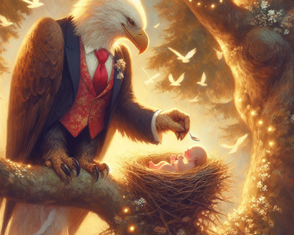 Majestic Eagle in Suit Feeds Baby in Enchanted Forest
