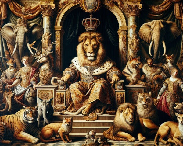 Majestic Lion on Throne Surrounded by Royal Animals