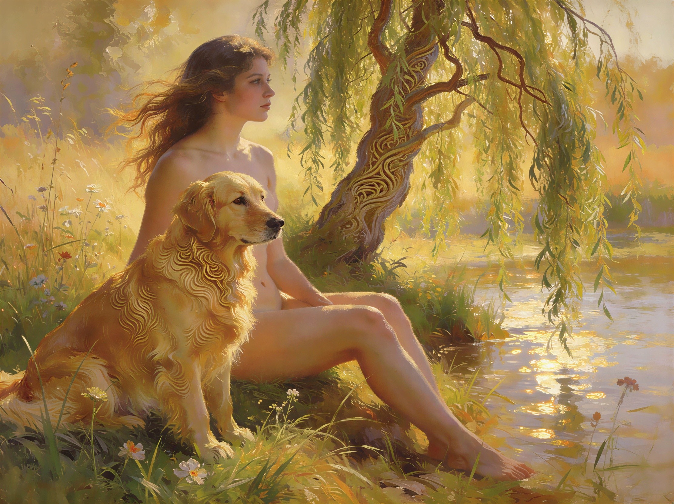 Hyperrealistic Painting of Woman and Dog at Sunset