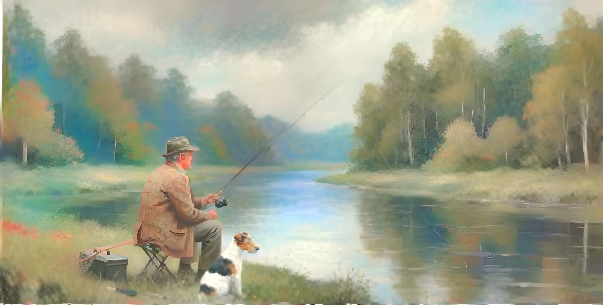Elderly Man Fishing by a Calm River with Dog
