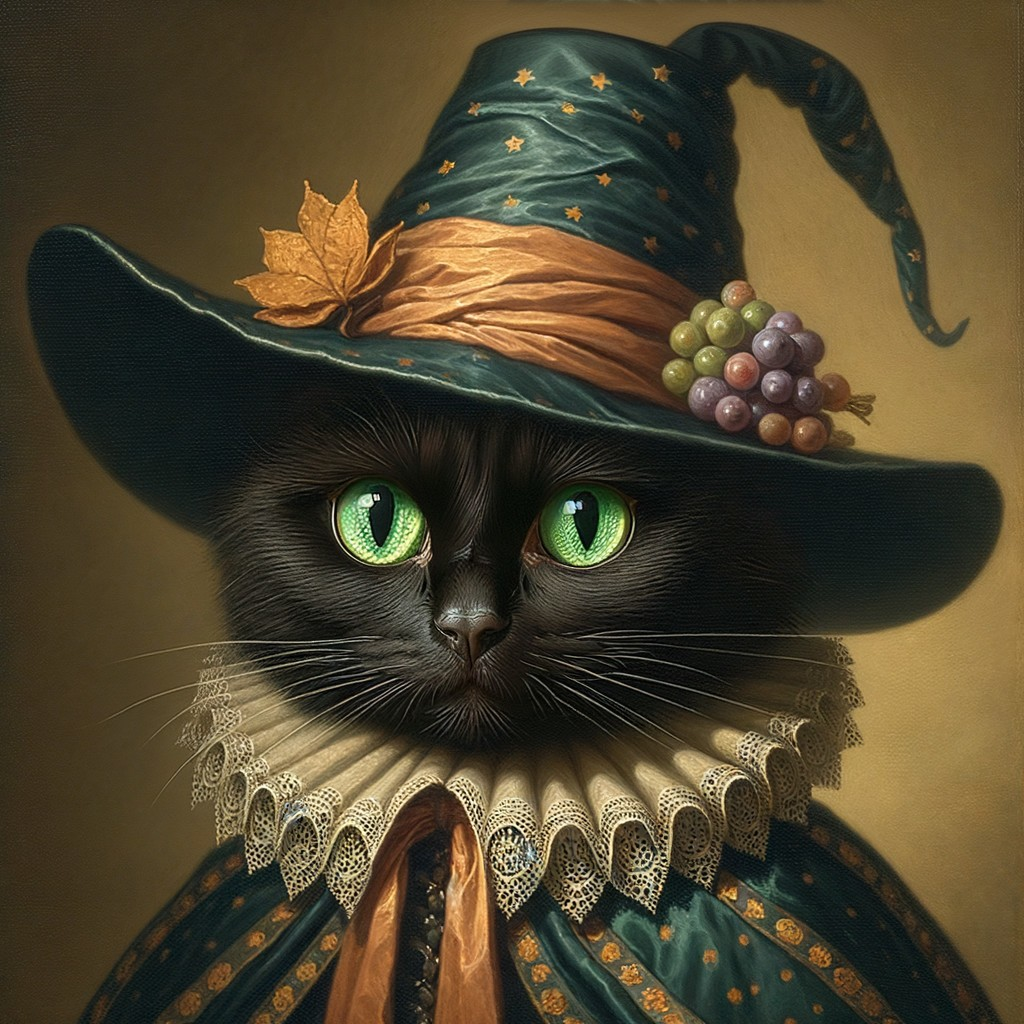 Digital artwork: Black cat with green eyes, blue hat with stars, leaf, grapes, and lace