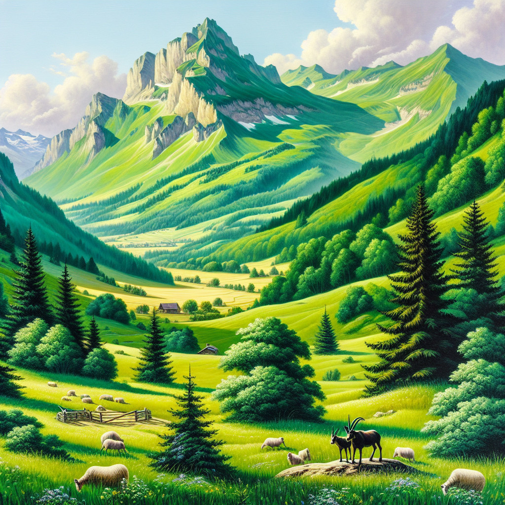 Serene Landscape with Mountains, Goats, and Sheep