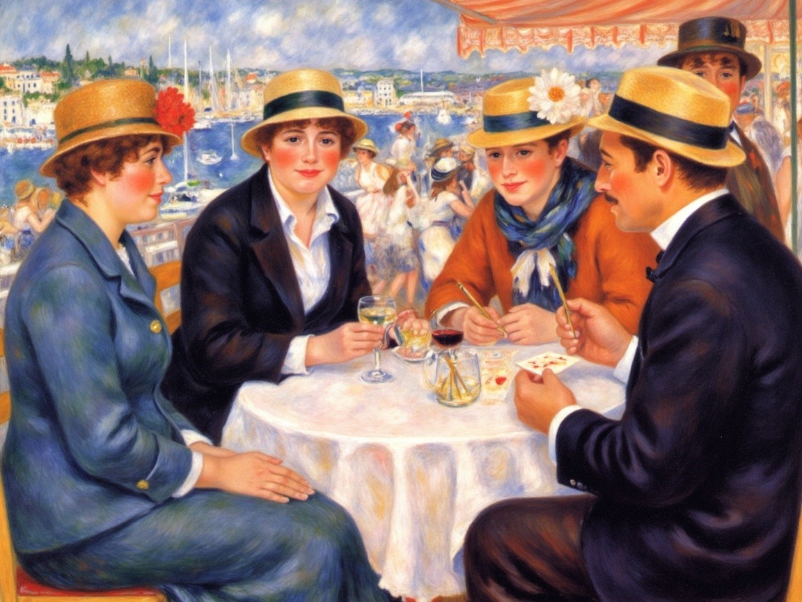 Elegant Gathering by the Water with Drinks and Hats