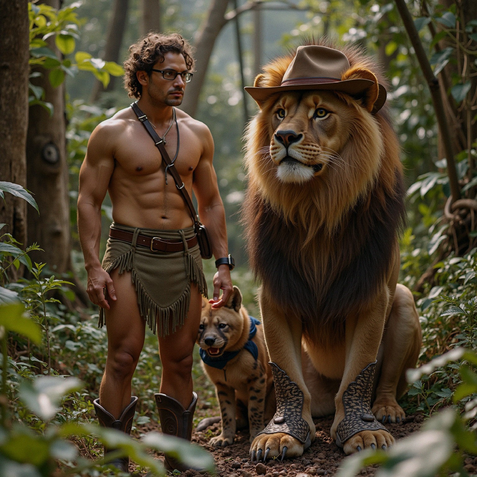 Muscular Man with Lion and Dog in Lush Forest Setting
