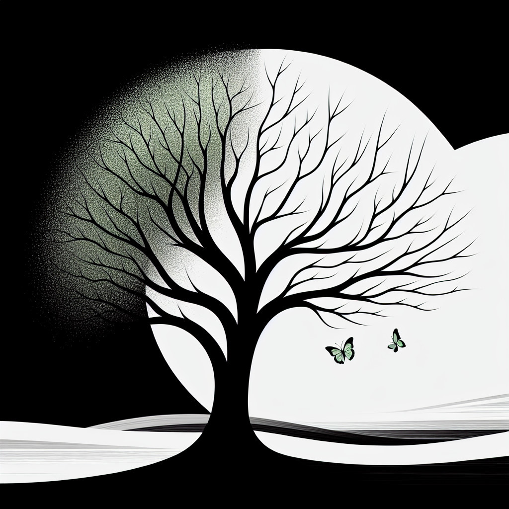 Monochromatic Scene of Tree and Moon with Butterflies