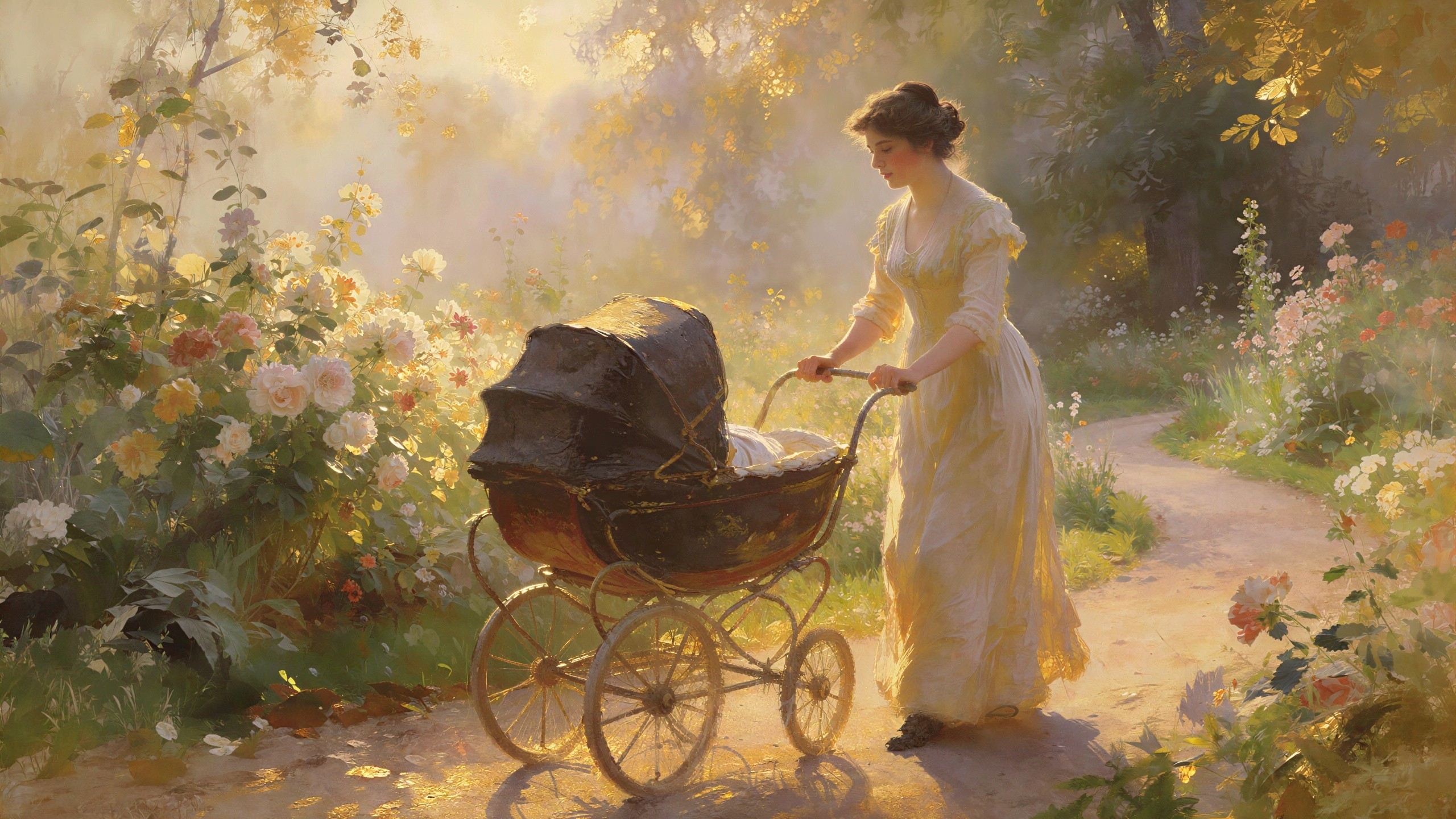 Impressionistic Painting of Woman in Antique Garden